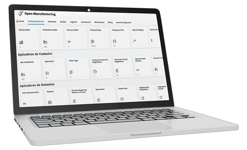 Notebook exibindo o OPEN Manufacturing no SAP Fiori